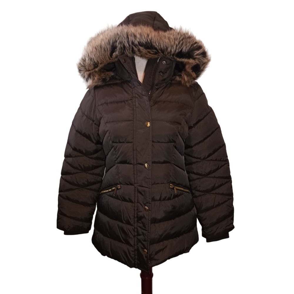 London Fog Faux-Fur Trim Hooded Down Puffer Coat Dark Moss, Gold Hardware Size M